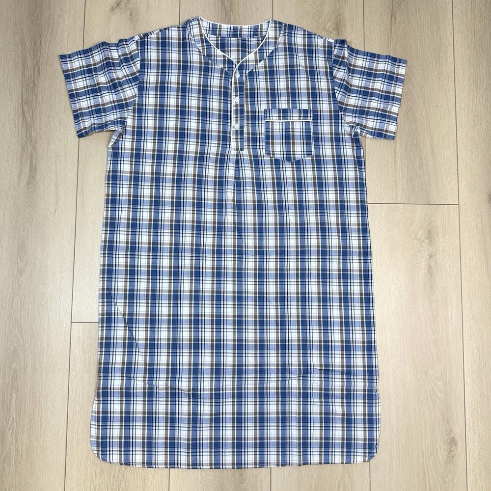 VTG Men Plaid Nightshirt Pajama Sleepwear Blue White Brown Short Sleeve 90s L/XL
